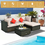 5 Piece Wicker Patio Rattan Furniture Set Outdoor Sectional Sofa with Glass Table & Cushions