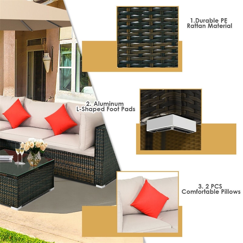 5 Piece Wicker Patio Rattan Furniture Set Outdoor Sectional Sofa with Glass Table & Cushions