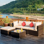 5 Piece Wicker Patio Rattan Furniture Set Outdoor Sectional Sofa with Glass Table & Cushions