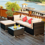 5 Piece Wicker Patio Rattan Furniture Set Outdoor Sectional Sofa with Glass Table & Cushions