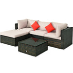 5 Piece Wicker Patio Rattan Furniture Set Outdoor Sectional Sofa with Glass Table & Cushions