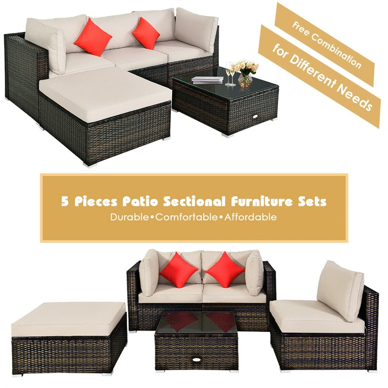 5 Piece Wicker Patio Rattan Furniture Set Outdoor Sectional Sofa with Glass Table & Cushions