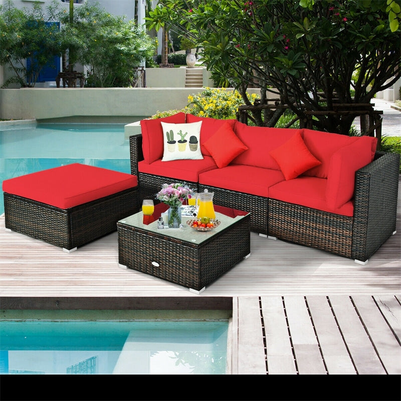 5 Piece Wicker Patio Rattan Furniture Set Outdoor Sectional Sofa with Glass Table & Cushions