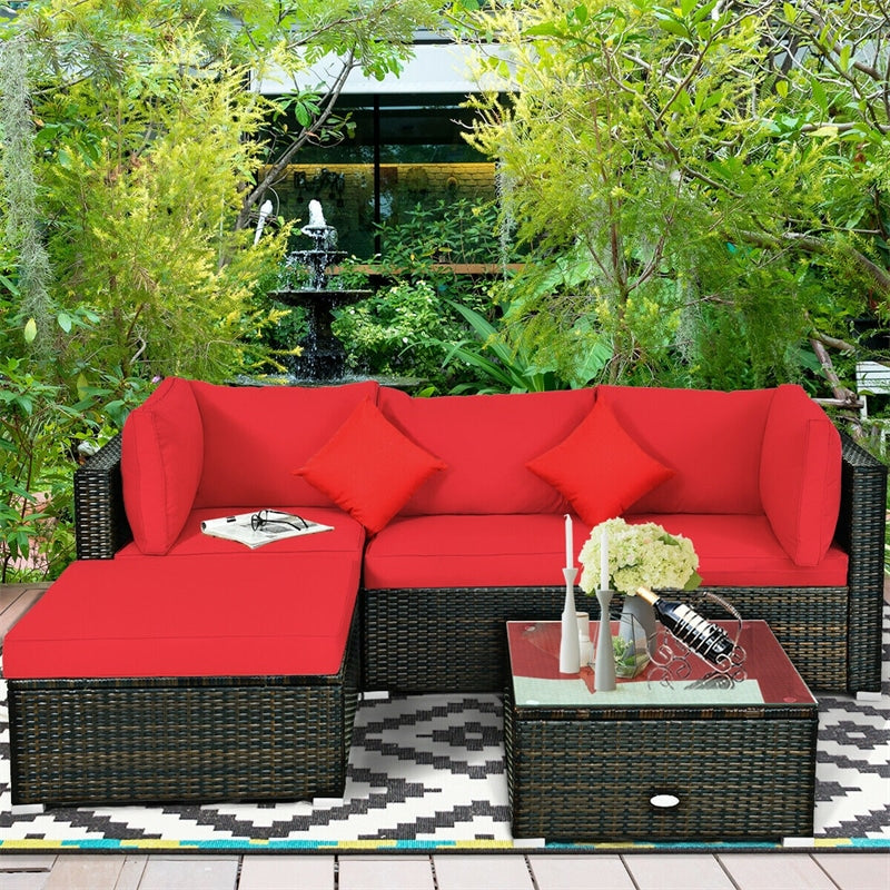 5 Piece Wicker Patio Rattan Furniture Set Outdoor Sectional Sofa with Glass Table & Cushions