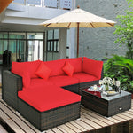 5 Piece Wicker Patio Rattan Furniture Set Outdoor Sectional Sofa with Glass Table & Cushions