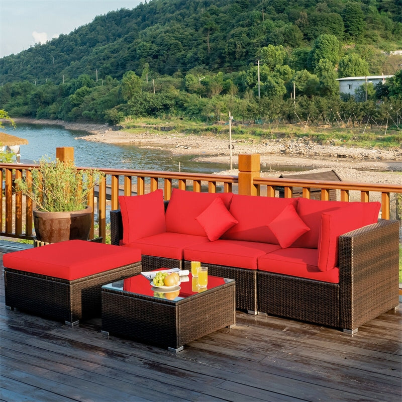 5 Piece Wicker Patio Rattan Furniture Set Outdoor Sectional Sofa with Glass Table & Cushions