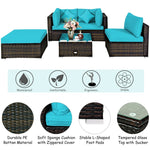 5 Piece Wicker Patio Rattan Furniture Set Outdoor Sectional Sofa with Glass Table & Cushions