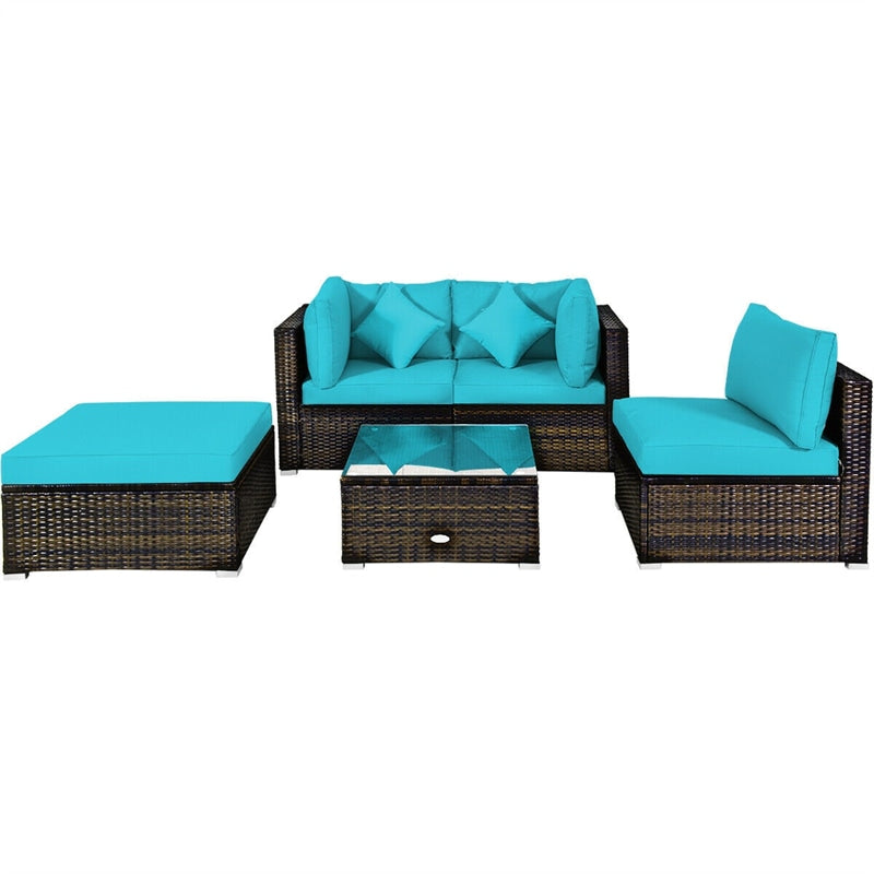 5 Piece Wicker Patio Rattan Furniture Set Outdoor Sectional Sofa with Glass Table & Cushions