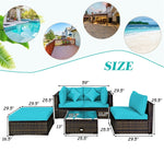 5 Piece Wicker Patio Rattan Furniture Set Outdoor Sectional Sofa with Glass Table & Cushions