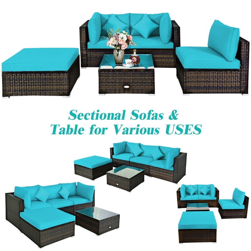 5 Piece Wicker Patio Rattan Furniture Set Outdoor Sectional Sofa with Glass Table & Cushions