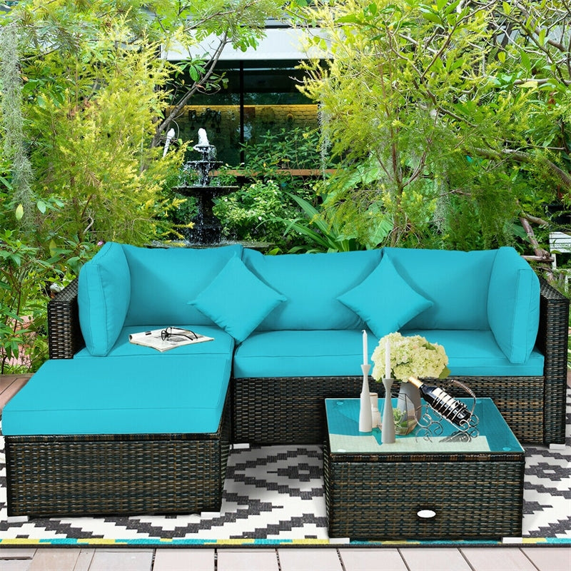 5 Piece Wicker Patio Rattan Furniture Set Outdoor Sectional Sofa with Glass Table & Cushions