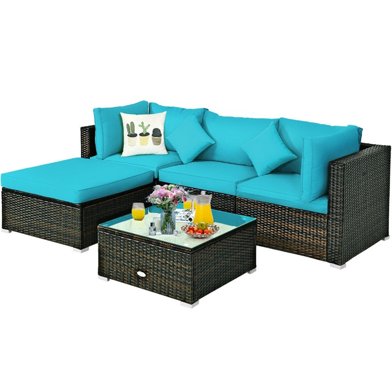 5 Piece Wicker Patio Rattan Furniture Set Outdoor Sectional Sofa with Glass Table & Cushions