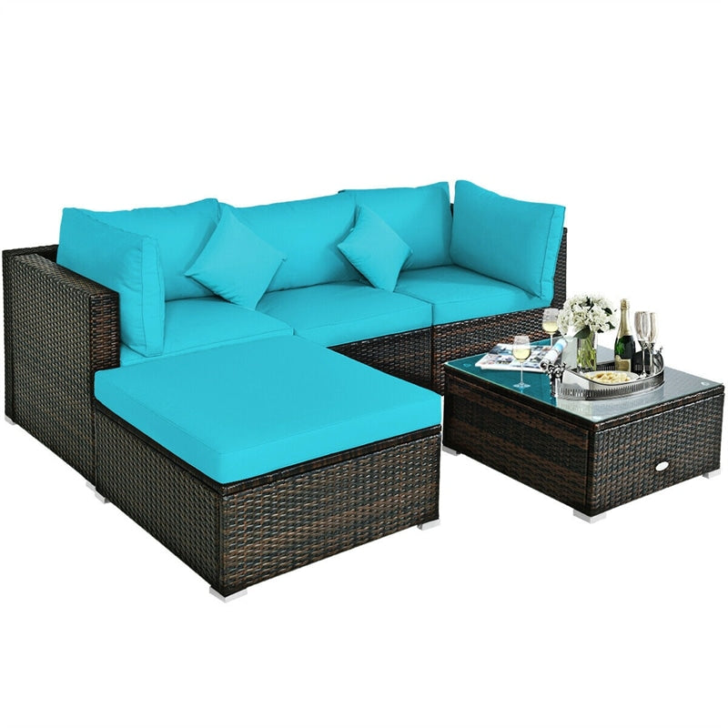 5 Piece Wicker Patio Rattan Furniture Set Outdoor Sectional Sofa with Glass Table & Cushions