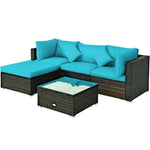 5 Piece Wicker Patio Rattan Furniture Set Outdoor Sectional Sofa with Glass Table & Cushions