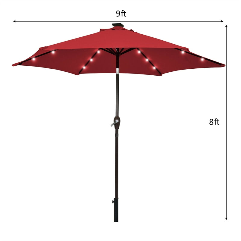 9FT Solar LED Patio Umbrella Tilt Market Umbrella with 18 Lights & Tilt Adjustment Crank, Outdoor Table Umbrella for Garden Yard Balcony