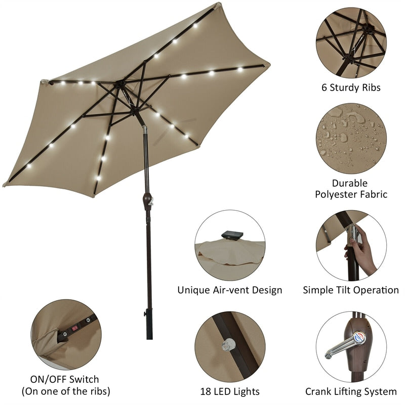 9FT Solar LED Patio Umbrella Tilt Market Umbrella with 18 Lights & Tilt Adjustment Crank, Outdoor Table Umbrella for Garden Yard Balcony