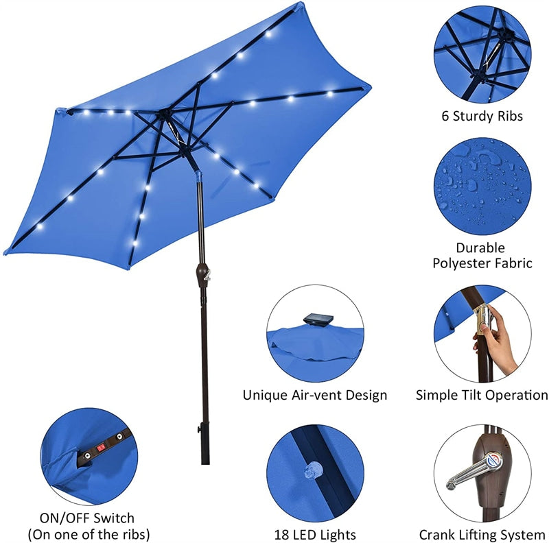 9FT Solar LED Patio Umbrella Tilt Market Umbrella with 18 Lights & Tilt Adjustment Crank, Outdoor Table Umbrella for Garden Yard Balcony