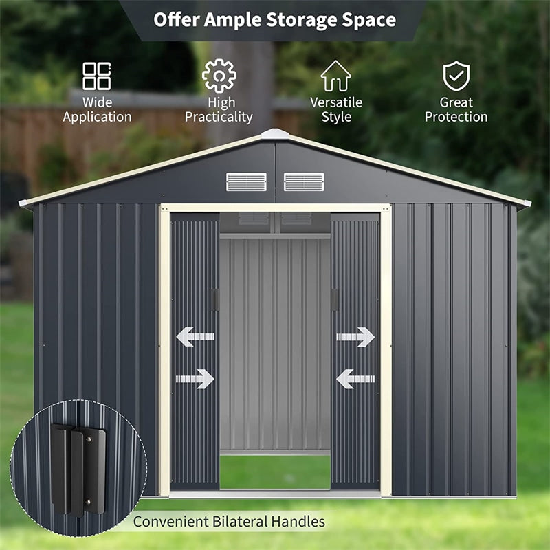 9’ x 6’ Large Outdoor Storage Shed Metal Garden Shed Tool House Backyard Storage Cabinet with 4 Vents & Lockable Double Sliding Door