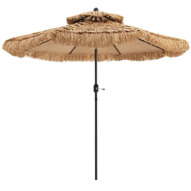 9ft Thatched Patio Umbrella 2 Tier Hawaiian Style Grass Beach Umbrella with 8 Ribs & Tilt Adjustment, Tiki Umbrella for Poolside Yard Deck