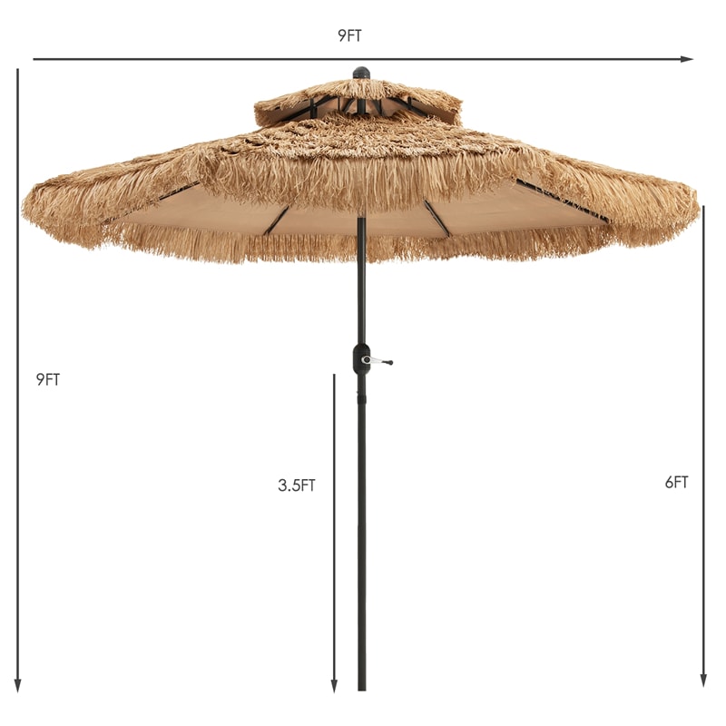 9ft Thatched Patio Umbrella 2 Tier Hawaiian Style Grass Beach Umbrella with 8 Ribs & Tilt Adjustment, Tiki Umbrella for Poolside Yard Deck