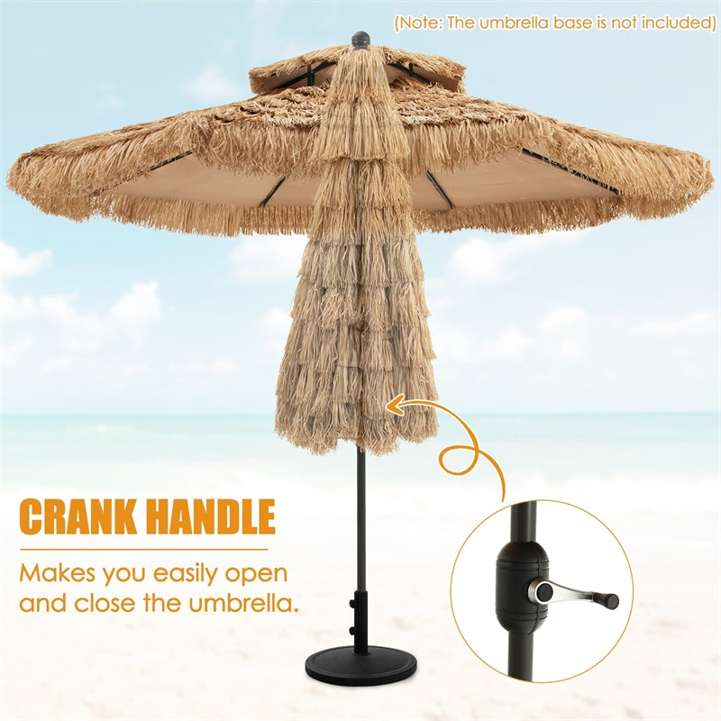 9ft Thatched Patio Umbrella 2 Tier Hawaiian Style Grass Beach Umbrella with 8 Ribs & Tilt Adjustment, Tiki Umbrella for Poolside Yard Deck