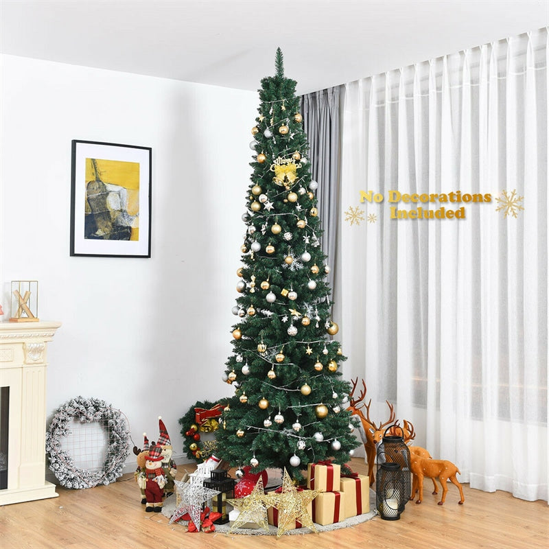 9ft Artificial Pencil Christmas Tree Slim Unlit Xmas Tree 1500 PVC Branch Tips with Foldable Metal Stand for Home Office School Shop Decor