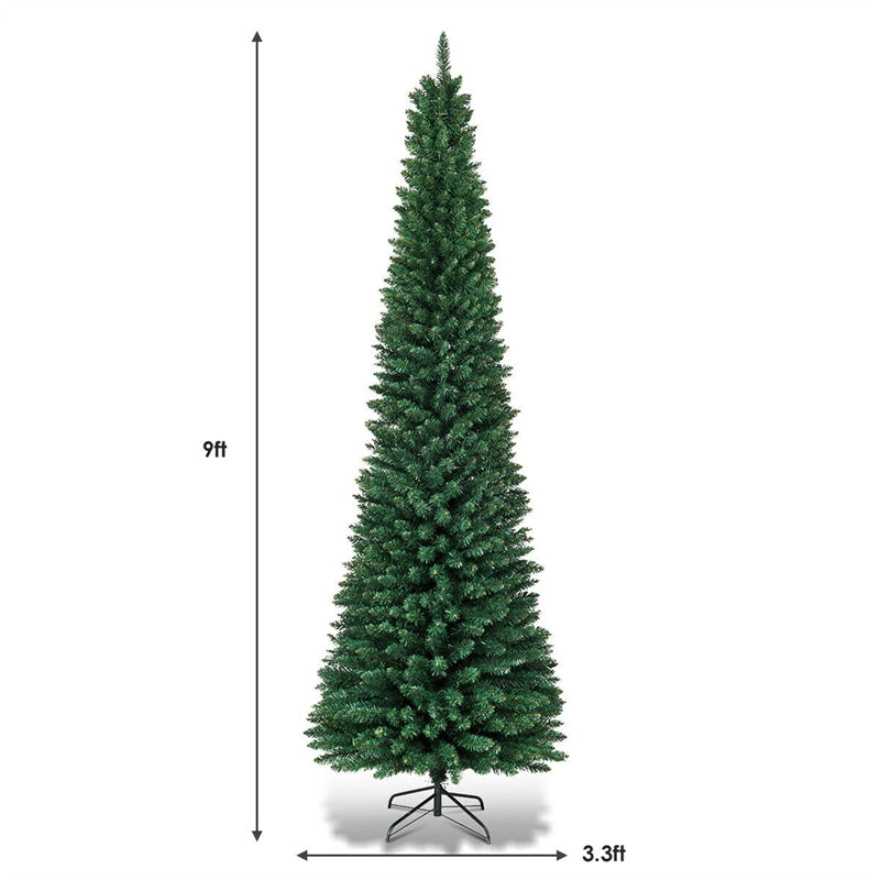 9ft Artificial Pencil Christmas Tree Slim Unlit Xmas Tree 1500 PVC Branch Tips with Foldable Metal Stand for Home Office School Shop Decor