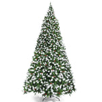 9ft Pre-lit Snow Flocked Christmas Tree with 900 LED Lights, 8 Lighting Modes & Metal Stand, Holiday Festival Artificial Hinged Tree for Indoor Decor