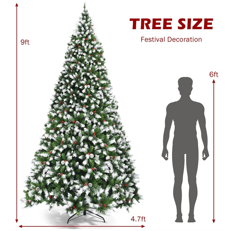 9ft Pre-lit Snow Flocked Christmas Tree with 900 LED Lights, 8 Lighting Modes & Metal Stand, Holiday Festival Artificial Hinged Tree for Indoor Decor