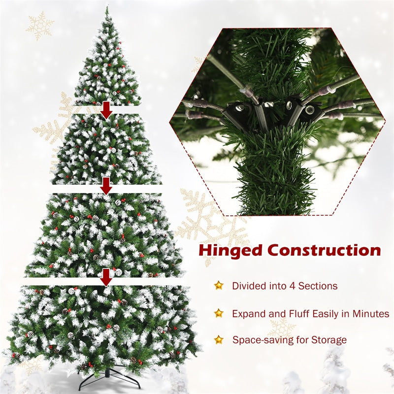 9ft Pre-lit Snow Flocked Christmas Tree with 900 LED Lights, 8 Lighting Modes & Metal Stand, Holiday Festival Artificial Hinged Tree for Indoor Decor