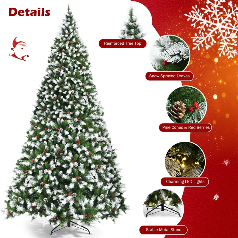 9ft Pre-lit Snow Flocked Christmas Tree with 900 LED Lights, 8 Lighting Modes & Metal Stand, Holiday Festival Artificial Hinged Tree for Indoor Decor