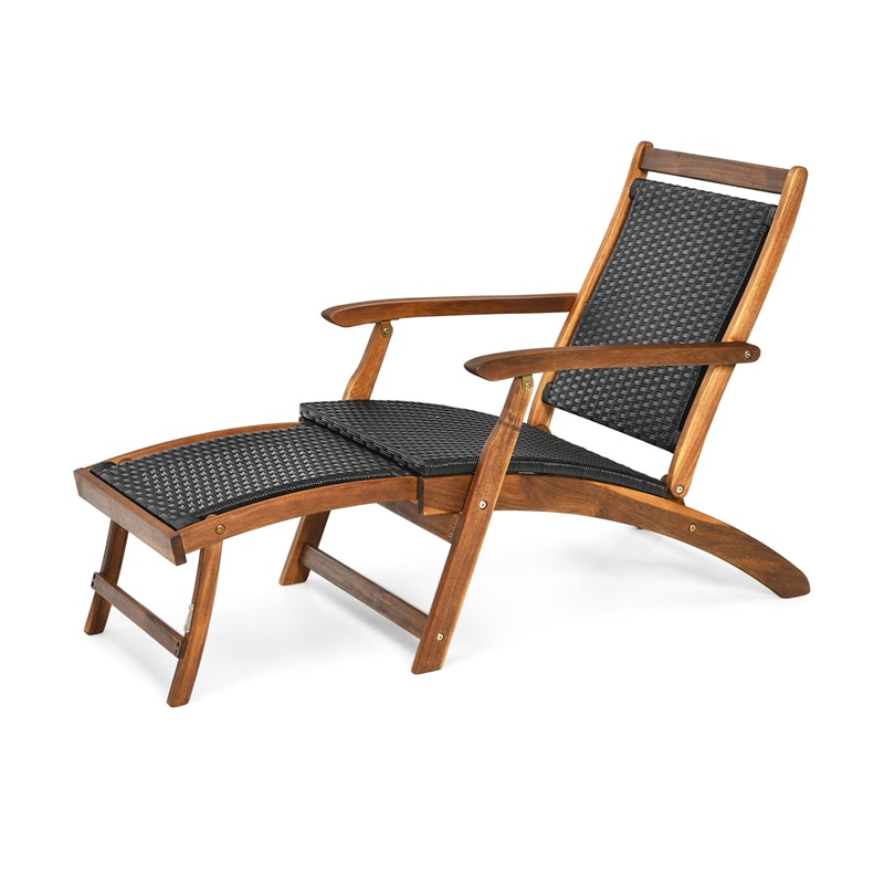 Patio Folding Rattan Lounge Chair, Acacia Wood Wicker Deck Lounge Chair with Retractable Footrest, Outdoor Chaise Lounge for Garden & Poolside