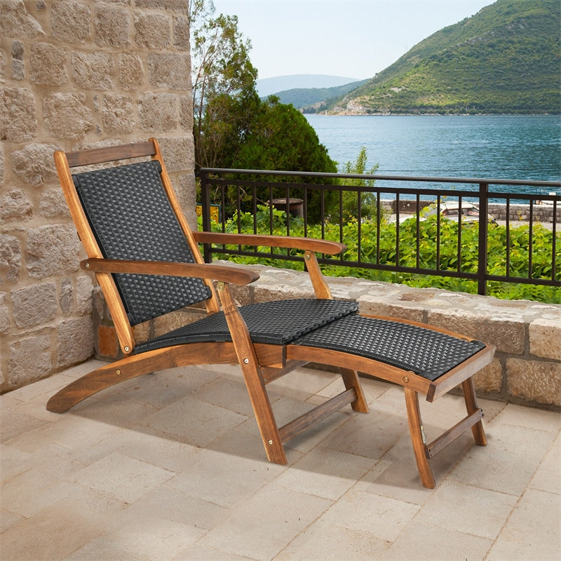 Patio Folding Rattan Lounge Chair, Acacia Wood Wicker Deck Lounge Chair with Retractable Footrest, Outdoor Chaise Lounge for Garden & Poolside