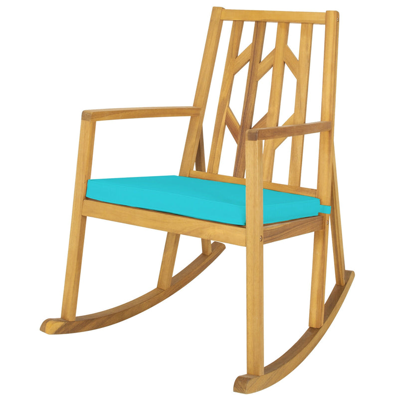 Outdoor Acacia Wood Rocking Chair with Removable Cushion & Armrest, Wood Patio Porch Rocker for Garden Backyard Poolside Deck