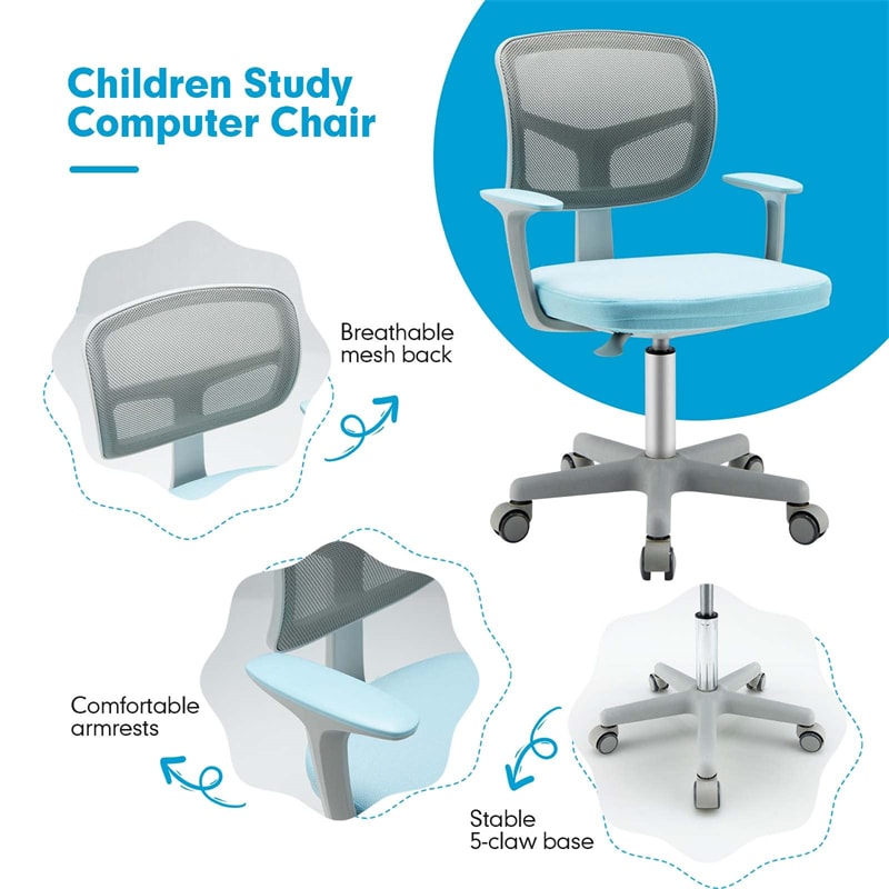 Adjustable Kids Desk Chair Children Swivel Study Computer Chair with Lumbar Support & Universal Casters