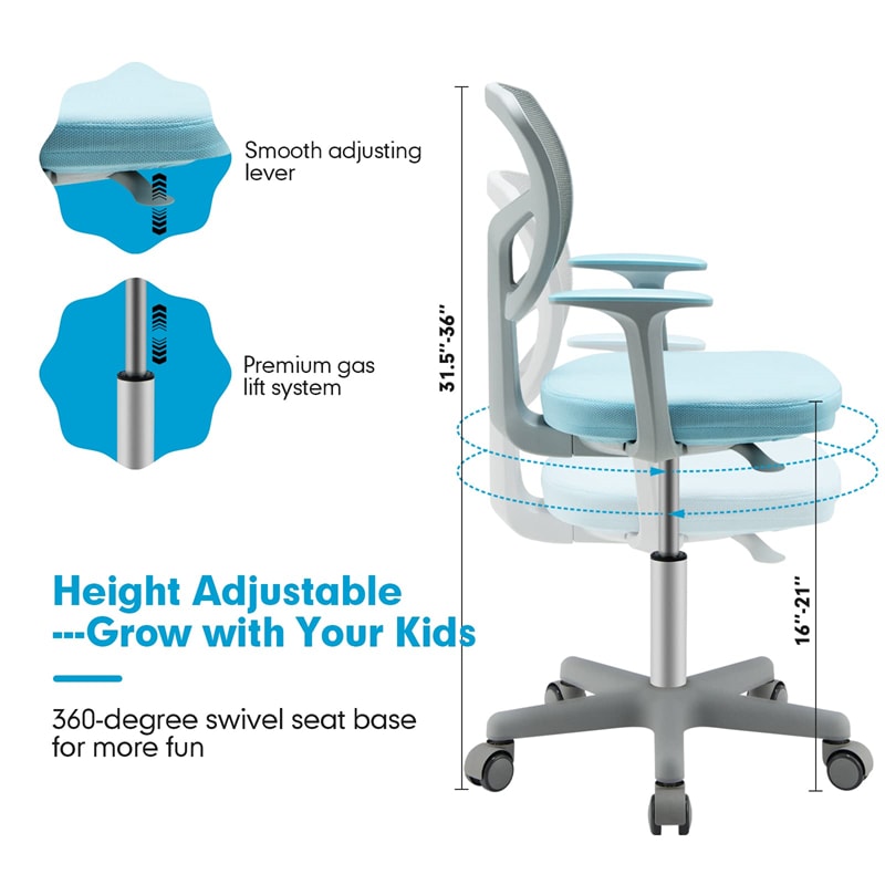 Adjustable Kids Desk Chair Children Swivel Study Computer Chair with Lumbar Support & Universal Casters