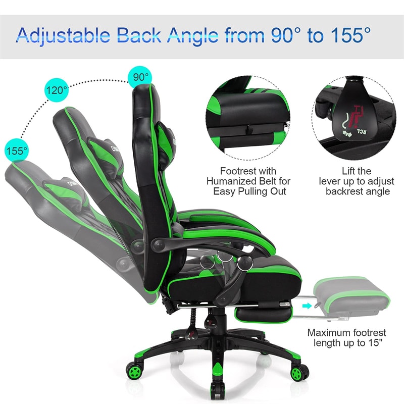 Adjustable Gaming Chair Ergonomic High Back Office Chair PU Leather Swivel Racing Style Computer Chair with Footrest, Headrest & Lumbar Support