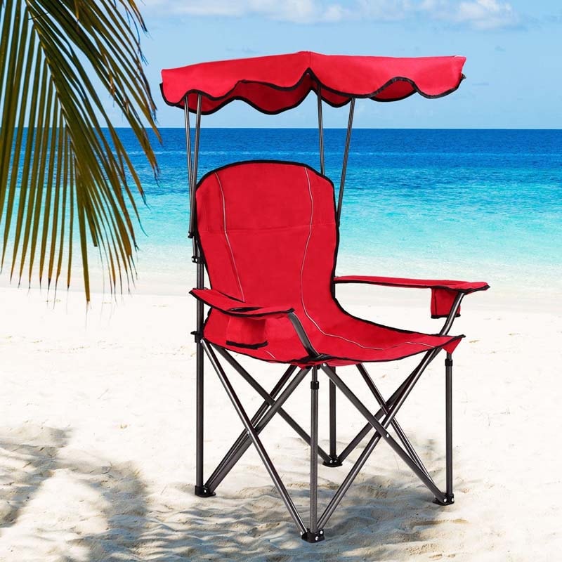 Folding Beach Canopy Chair Lawn Fool Chair with Cup Holders and Carrying Bag