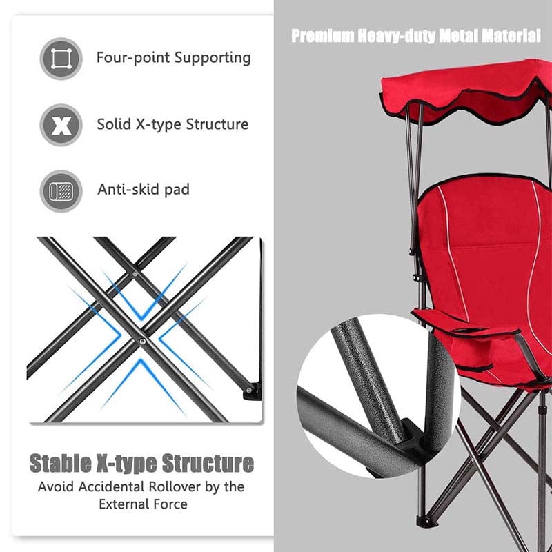 Folding Beach Canopy Chair Lawn Fool Chair with Cup Holders and Carrying Bag