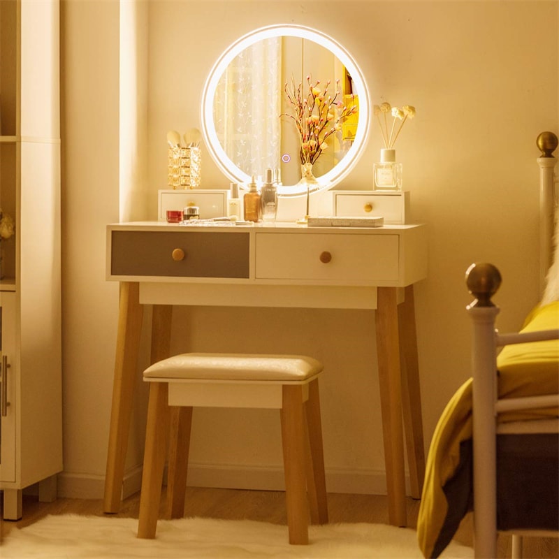 Makeup Vanity Set with 3-color Lighted Mirror & Cushioned Stool, Bedroom Dressing Table with 4 Drawers & Dimming Mirror for Girls Women