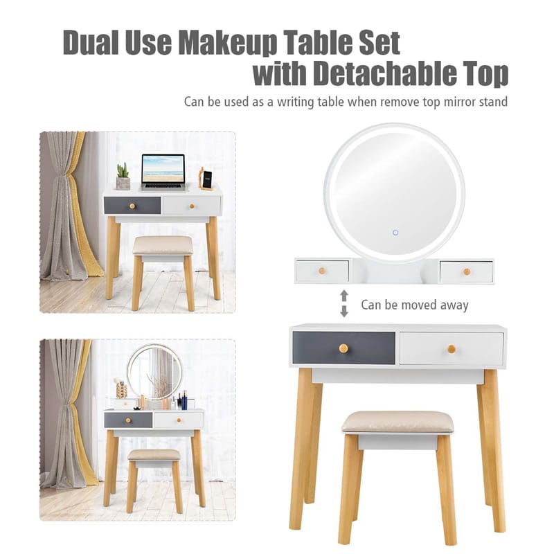 Makeup Vanity Set with 3-color Lighted Mirror & Cushioned Stool, Bedroom Dressing Table with 4 Drawers & Dimming Mirror for Girls Women