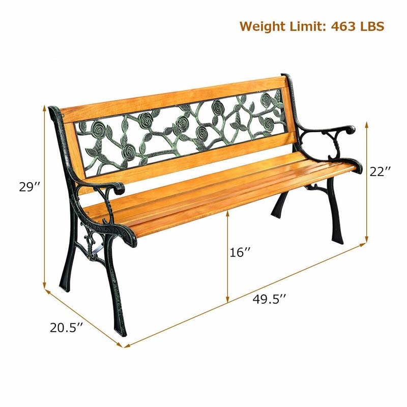 50" Outdoor Park Garden Bench Porch Path Chair Rose Cast Iron Hardwood Frame Porch Loveseat