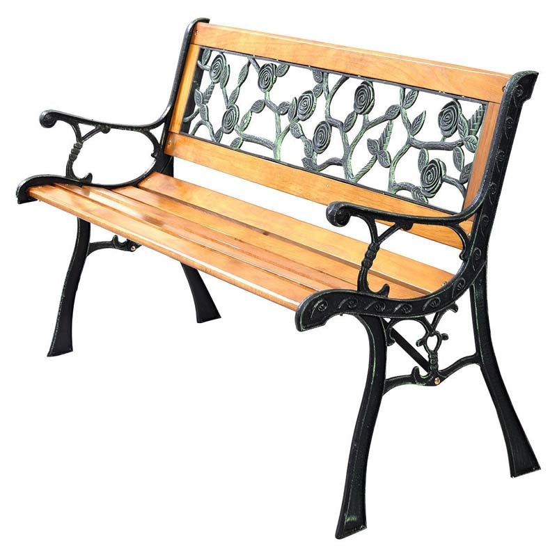 50" Outdoor Park Garden Bench Porch Path Chair Rose Cast Iron Hardwood Frame Porch Loveseat