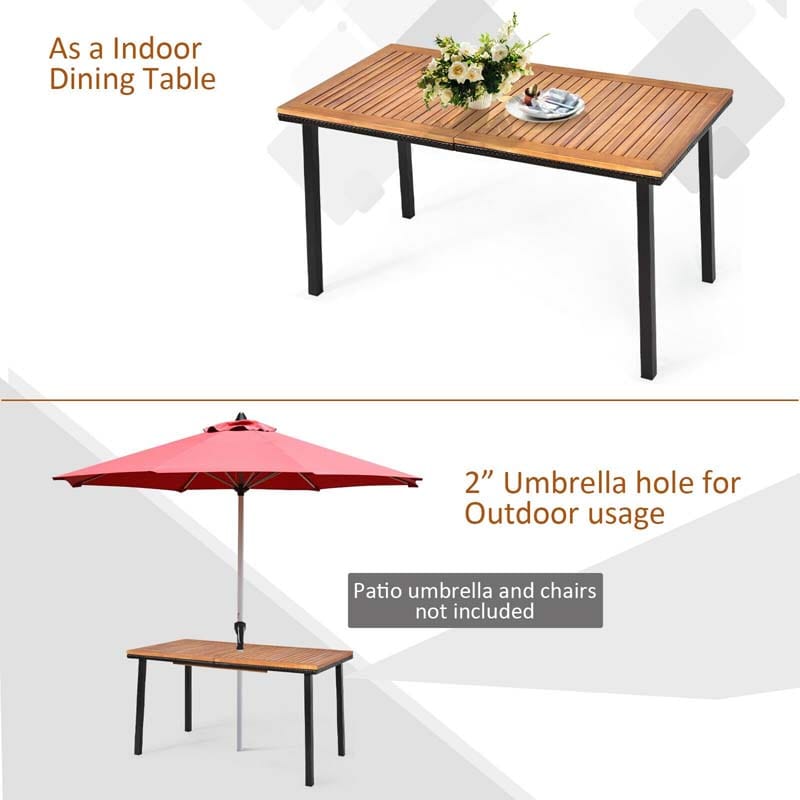 55" Acacia Wood Outdoor Dining Table Rectangle Patio Dining Table with Umbrella Hole & Acacia Wood Top