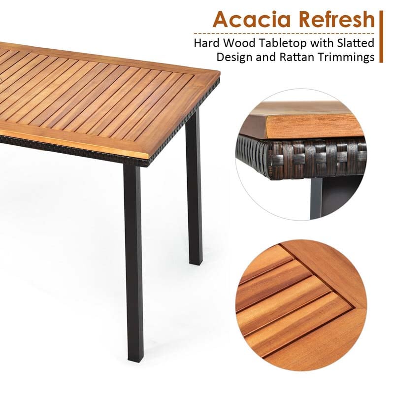 55" Acacia Wood Outdoor Dining Table Rectangle Patio Dining Table with Umbrella Hole & Acacia Wood Top