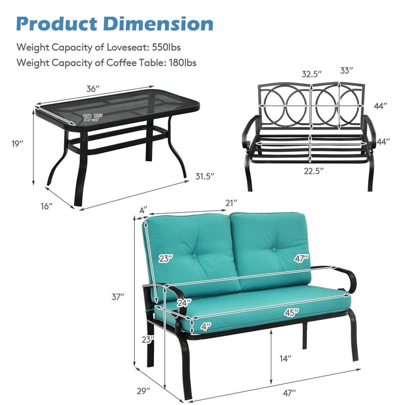 2 Piece Patio Loveseat with Table Set, Heavy Duty Steel Frame 2-Seat Sofa with Seat & Back Cushions, Outdoor Furniture Set for Garden Deck