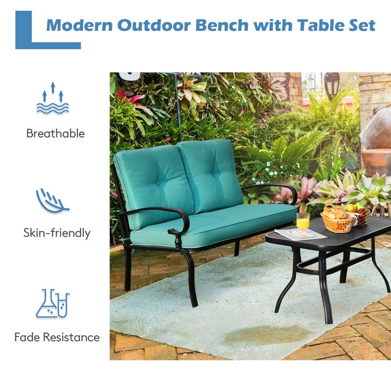 2 Piece Patio Loveseat with Table Set, Heavy Duty Steel Frame 2-Seat Sofa with Seat & Back Cushions, Outdoor Furniture Set for Garden Deck