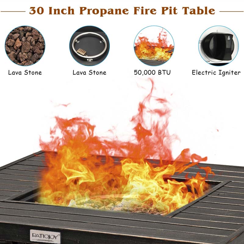 30" Square Gas Fire Pit Table 50,000 BTU Steel Outdoor Propane Fire Pit Table with Lid, Lava Rocks & Waterproof Cover