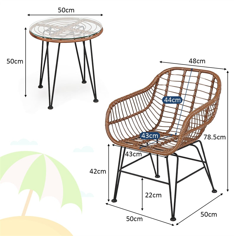 Bestoutdor 3 Pcs Patio Rattan Bistro Set Furniture Set with Tempered Glass Top Table & Cushions