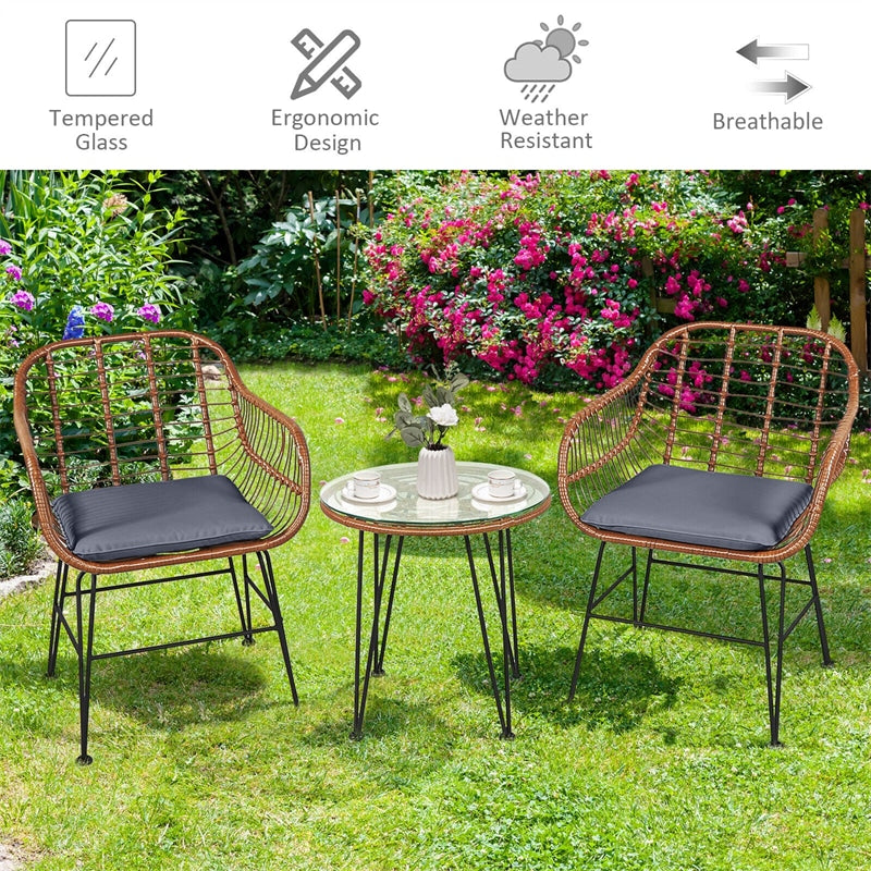 Bestoutdor 3 Pcs Patio Rattan Bistro Set Furniture Set with Tempered Glass Top Table & Cushions